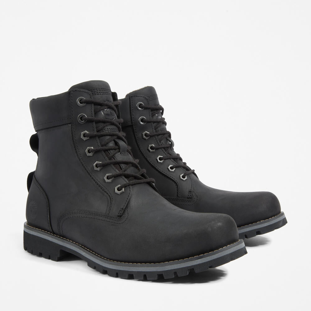 Timberland® Rugged Waterproof II 6-Inch Boot for Men in Black. Black waterproof leather boot with ReBOTL™ lining and anti-fatigue technology.  Ideal for outdoor adventures and everyday wear.