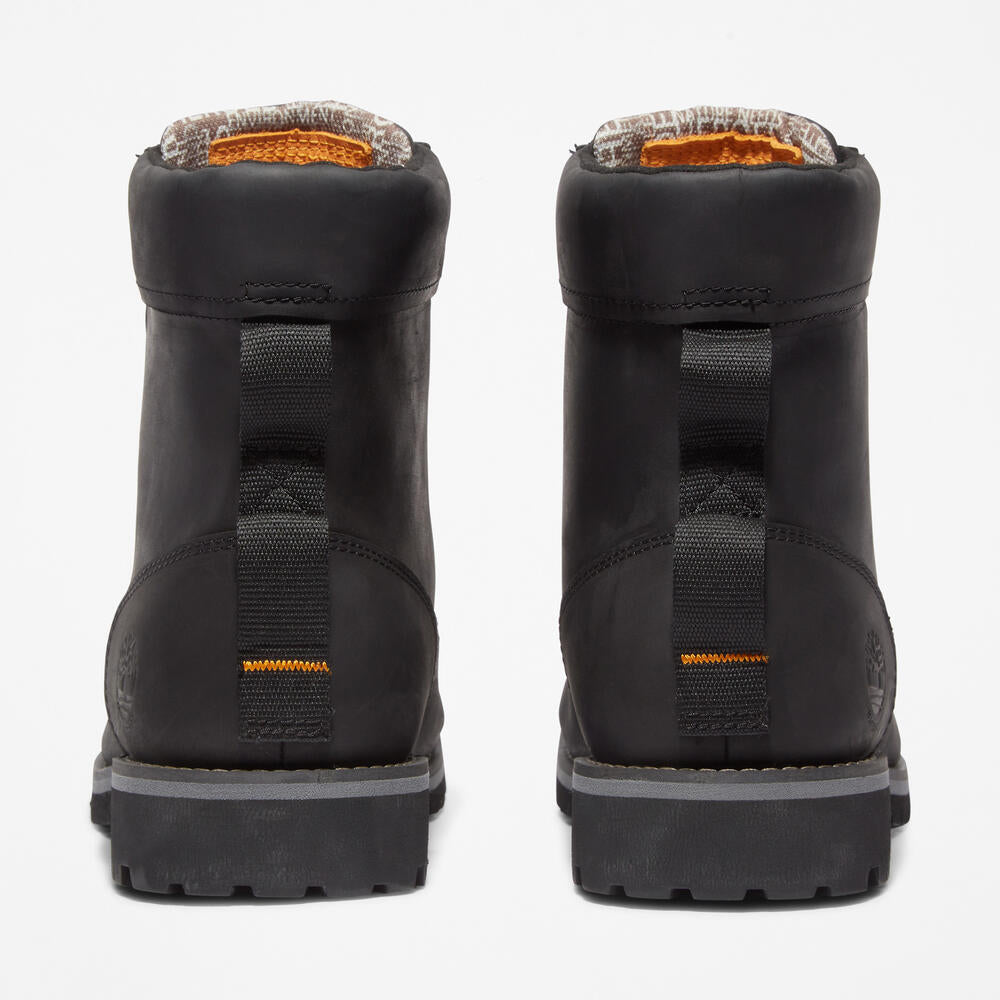 Timberland Rugged Waterproof II 6-Inch Boot for Men in Black. Black waterproof leather boot with ReBOTL lining and anti-fatigue technology.  Ideal for outdoor adventures and everyday wear.