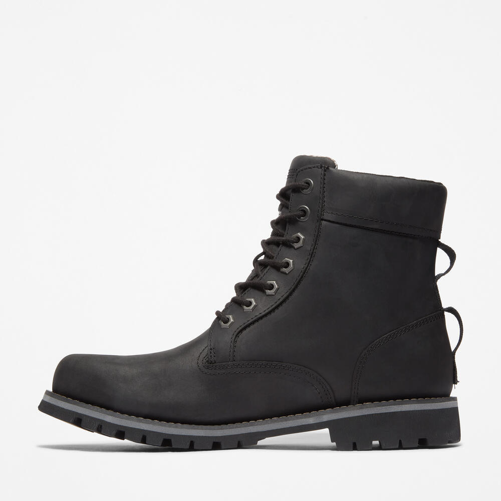 Timberland Rugged Waterproof II 6-Inch Boot for Men in Black. Black waterproof leather boot with ReBOTL lining and anti-fatigue technology.  Ideal for outdoor adventures and everyday wear.