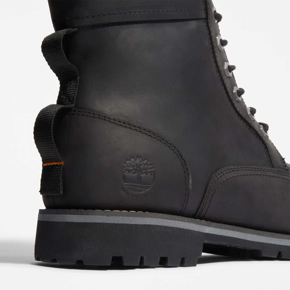 Timberland Rugged Waterproof II 6-Inch Boot for Men in Black. Black waterproof leather boot with ReBOTL lining and anti-fatigue technology.  Ideal for outdoor adventures and everyday wear.