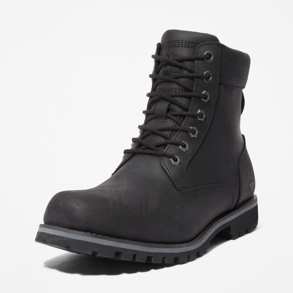 Timberland Rugged Waterproof II 6-Inch Boot for Men in Black. Black waterproof leather boot with ReBOTL lining and anti-fatigue technology.  Ideal for outdoor adventures and everyday wear.