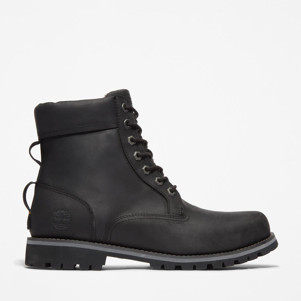 Timberland Rugged Waterproof II 6-Inch Boot for Men in Black. Black waterproof leather boot with ReBOTL lining and anti-fatigue technology.  Ideal for outdoor adventures and everyday wear.