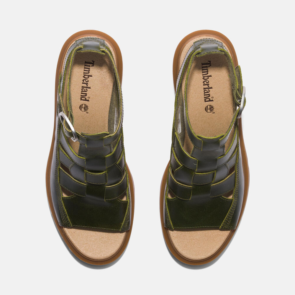 Timberland Allington Heights Fisherman Sandal for Women in Dark Green. Dark green leather sandal with adjustable buckle closure, OrthoLite footbed, and rubber outsole. Stylish and comfortable for various occasions.