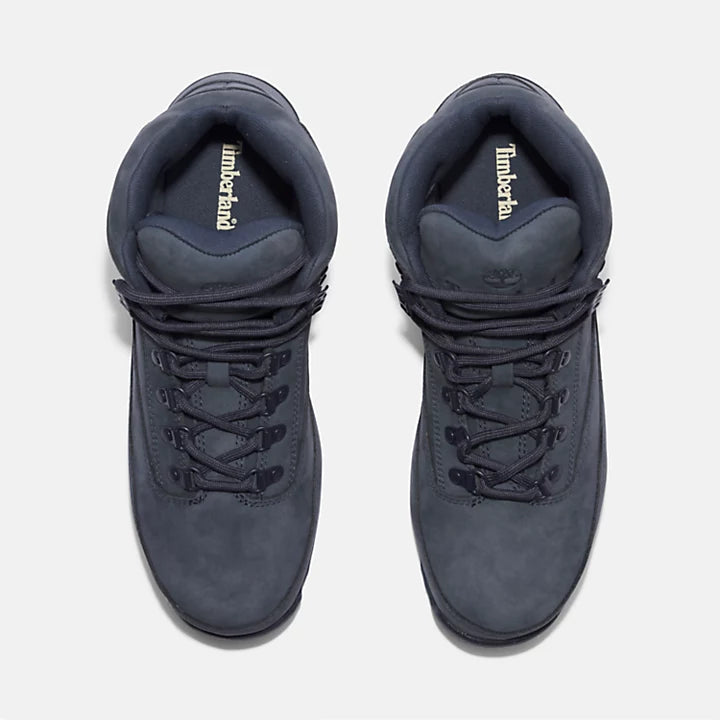 Dark blue nubuck Timberland Euro Hiker Boot for Men. Premium nubuck leather for durability and style. Seam-sealed construction for waterproof protection. Padded collar for comfort, lace-up closure for fit