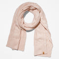 Rose Timberland Cable Knit Scarf for Women. Soft and chunky yarn blend for warmth and comfort. Cable knit design for texture and style. Delicate rose color for a feminine touch.