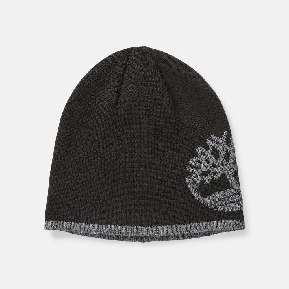 Black TimberlandÂ® Reversible Logo Beanie for Men.Â Soft and chunky knit for warmth.Â Reversible design:Â solid grey or contrasting TimberlandÂ® logo.Â Cuffed design for adjustability.Â Solid black for versatility,Â logo side for brand recognition.