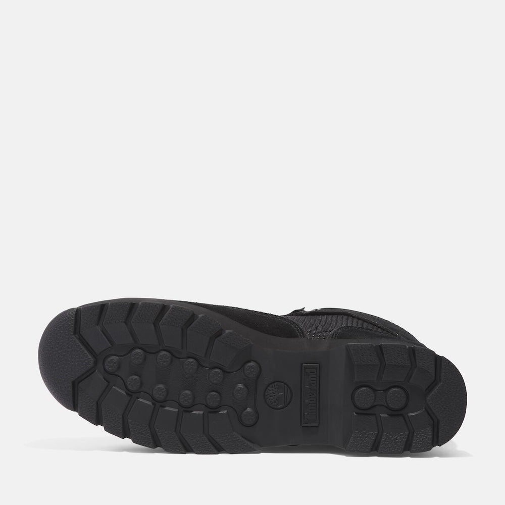 Black Timberland Men's Euro Hiker Mid Lace-Up with Gore-Tex Boot. Black leather and mesh upper for durability and breathability. Gore-Tex bootie for waterproof protection. EVA footbed for cushioning. Protective rubber rand for durability. Durable rubber outsole with lugs for traction.