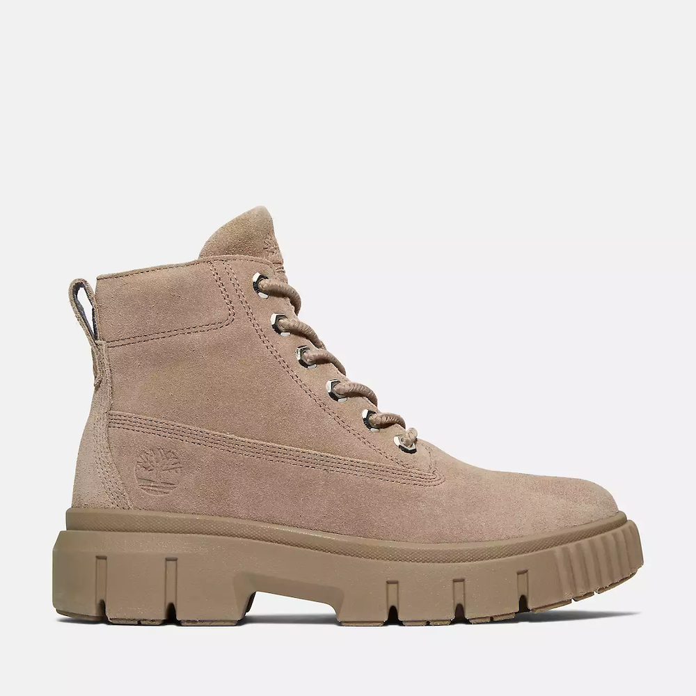 Taupe grey Timberland® Greyfield Leather Boot for Women. Premium Better Leather upper for luxury and sustainability. Lace-up closure for secure fit. Comfortable footbed for warmth and support. Durable rubber outsole for traction