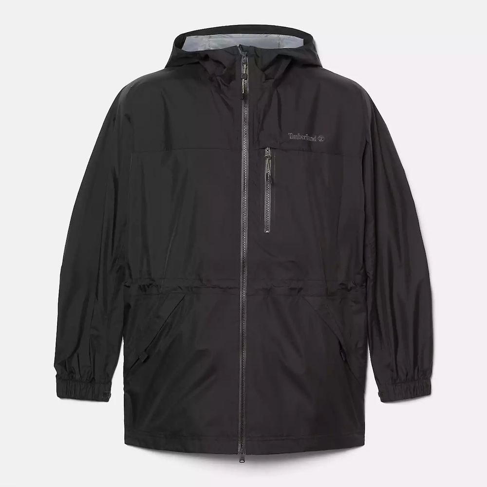 Black Timberland¡ Women's Jenness Waterproof Packable Jacket. Lightweight, waterproof fabric for breathability and protection. Tier 3 waterproof technology with fully sealed seams for dryness. Packable design folds into a pouch for portability. Adjustable hood for extra coverage.