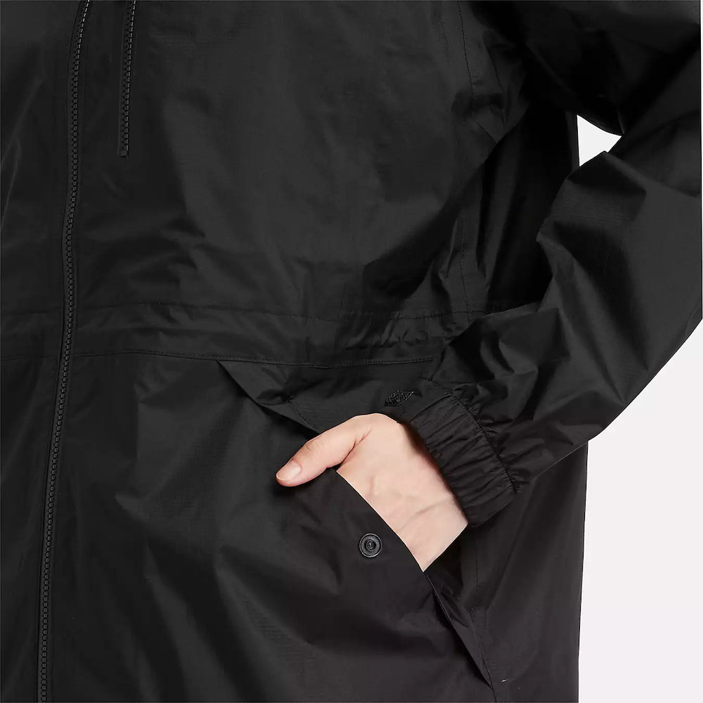 Black Timberland¡ Women's Jenness Waterproof Packable Jacket. Lightweight, waterproof fabric for breathability and protection. Tier 3 waterproof technology with fully sealed seams for dryness. Packable design folds into a pouch for portability. Adjustable hood for extra coverage.