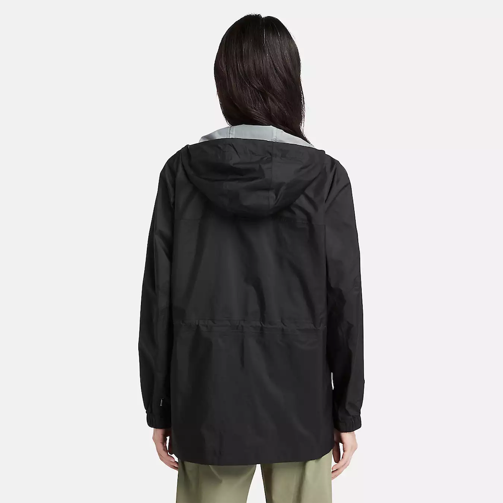 Black Timberland¡ Women's Jenness Waterproof Packable Jacket. Lightweight, waterproof fabric for breathability and protection. Tier 3 waterproof technology with fully sealed seams for dryness. Packable design folds into a pouch for portability. Adjustable hood for extra coverage.