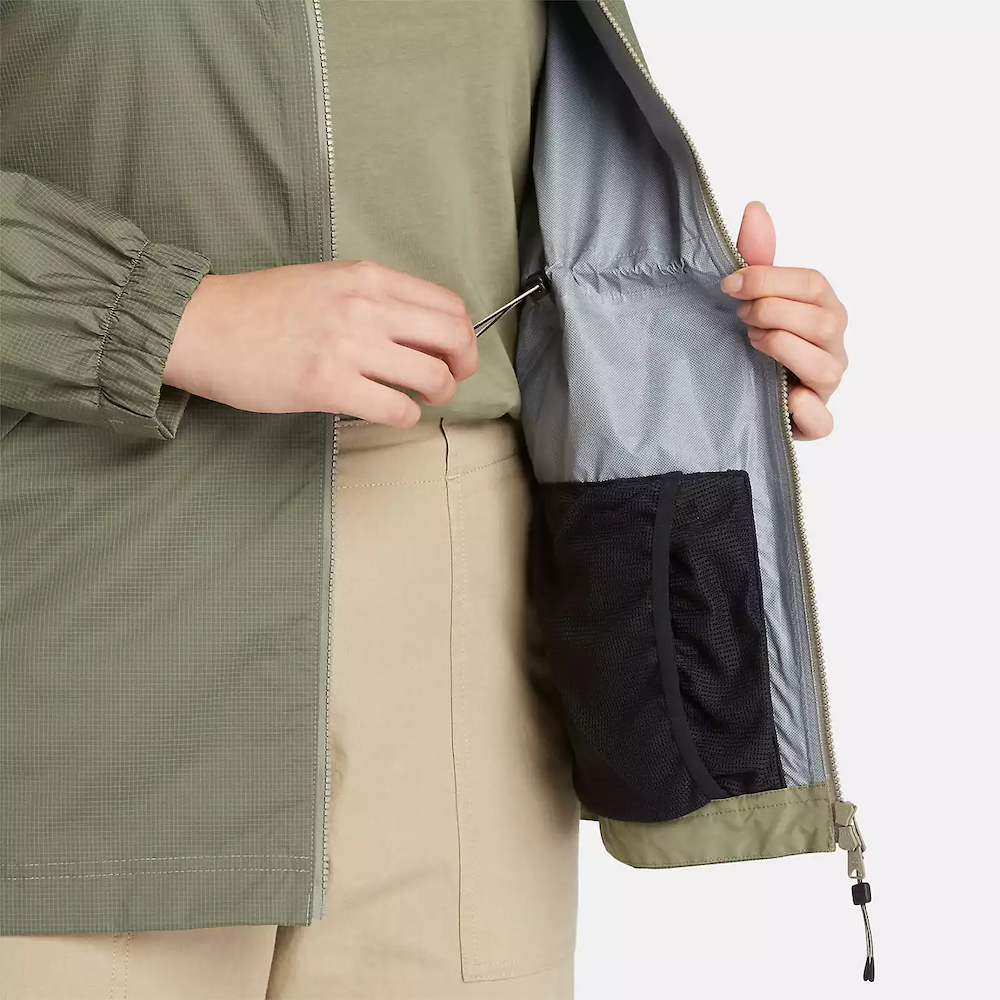 Timberland¡ Women's Jenness Waterproof Packable Jacket. Lightweight, waterproof fabric for breathability and protection. Tier 3 waterproof technology with fully sealed seams for dryness. Packable design folds into a pouch for portability. Adjustable hood for extra coverage