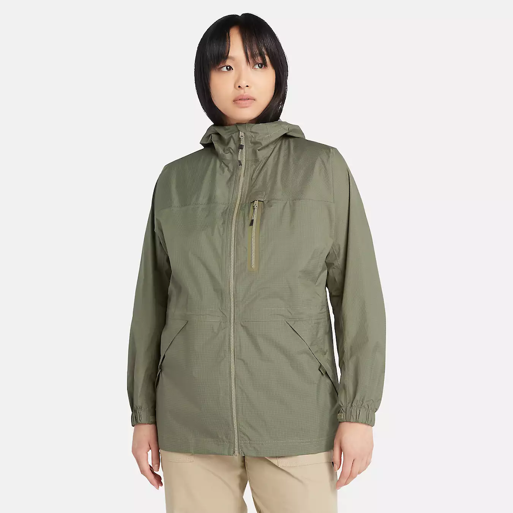 Timberland® Women's Jenness Waterproof Packable Jacket. Lightweight, waterproof fabric for breathability and protection. Tier 3 waterproof technology with fully sealed seams for dryness. Packable design folds into a pouch for portability. Adjustable hood for extra coverage