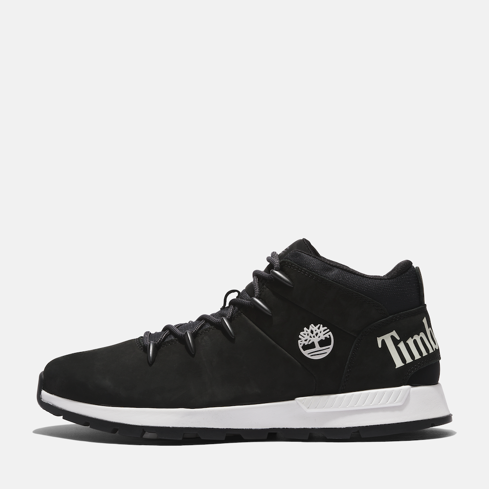 Black Timberland Sprint Trekker Men's Hiker. Mid-height black hiking boot with mixed-media upper for durability and eco-consciousness. Lightweight design for comfort. Cushioned footbed, supportive midsole, lace-up closure for fit. Durable outsole for traction on trails.