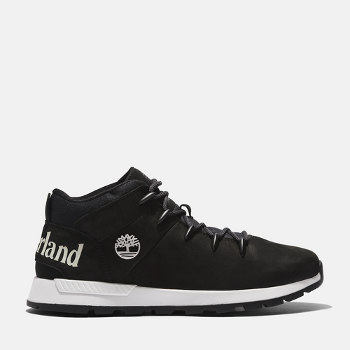 Black Timberland Sprint Trekker Men's Hiker. Mid-height black hiking boot with mixed-media upper for durability and eco-consciousness. Lightweight design for comfort. Cushioned footbed, supportive midsole, lace-up closure for fit. Durable outsole for traction on trails.