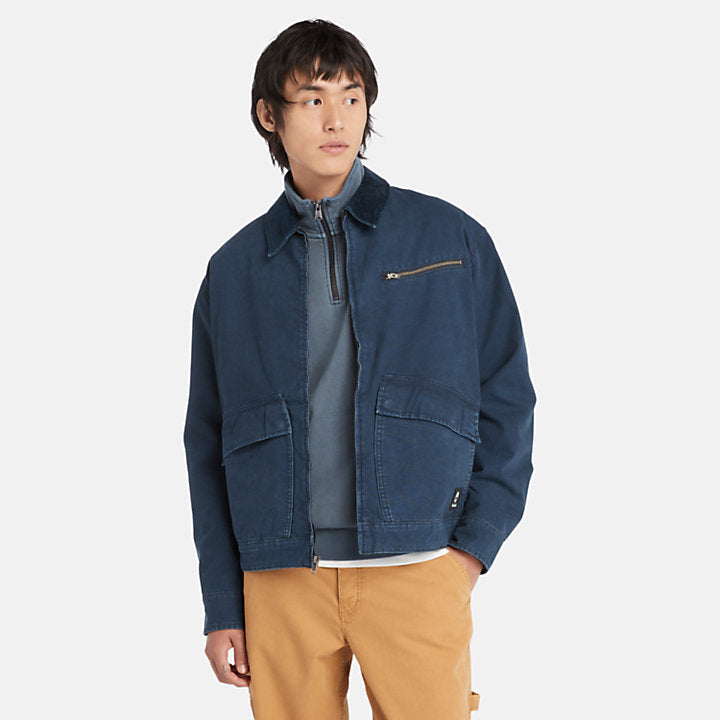 Navy Stafford® Washed Canvas Jacket for Men. Premium washed canvas for a soft, comfortable feel. Classic trucker jacket silhouette for a timeless look. Button-up front closure.