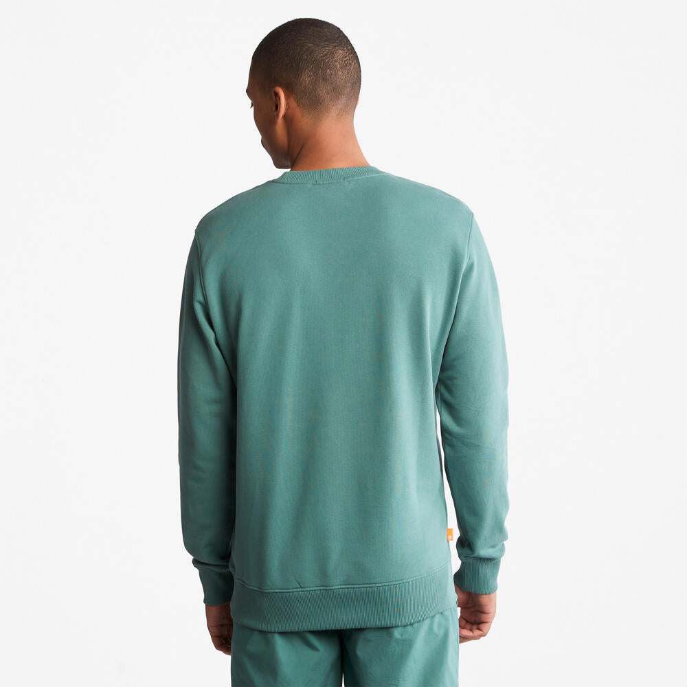 Teal TimberlandÂ® Linear Logo Carrier Crew Neck Sweatshirt for Men. Bold linear TimberlandÂ® logo.Â Ribbed cuffs and hem for a snug fit.Â Crewneck design for versatility.