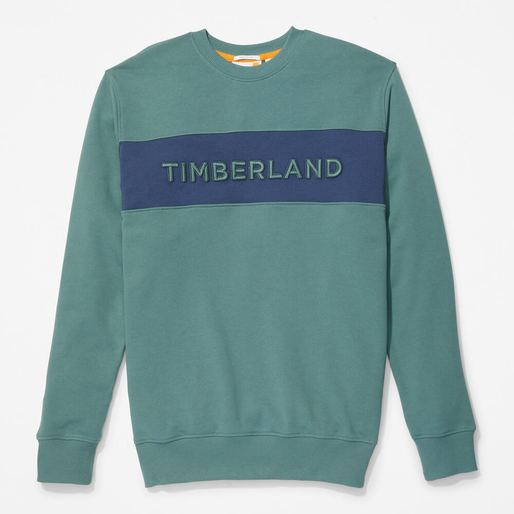 Teal TimberlandÂ® Linear Logo Carrier Crew Neck Sweatshirt for Men. Bold linear TimberlandÂ® logo.Â Ribbed cuffs and hem for a snug fit.Â Crewneck design for versatility.