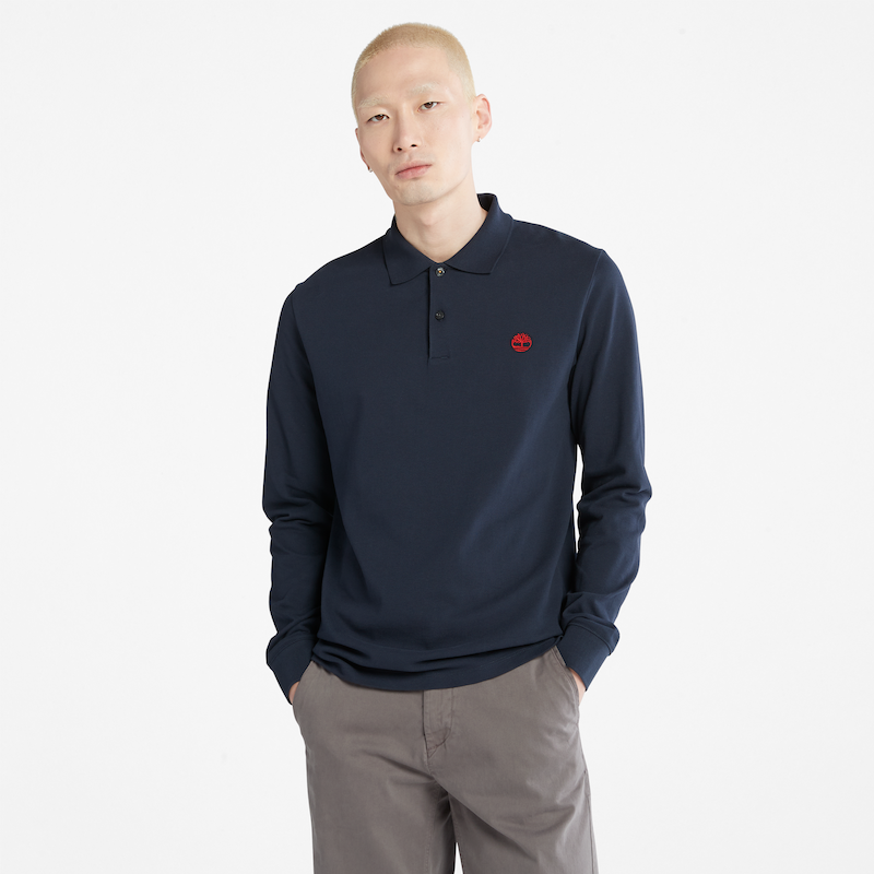 TIMBERLAND MILLERS RIVER LONG SLEEVE SLIM-FIT PIQUE POLO SHIRT FOR MEN IN NAVY