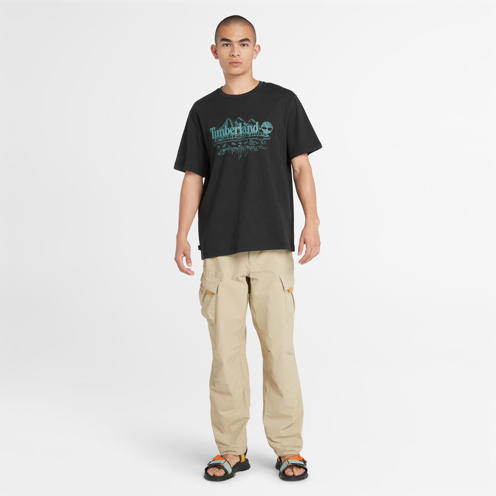 Timberland¡ Front Graphic T-Shirt for Men in Black. Black t-shirt with a bold front graphic design