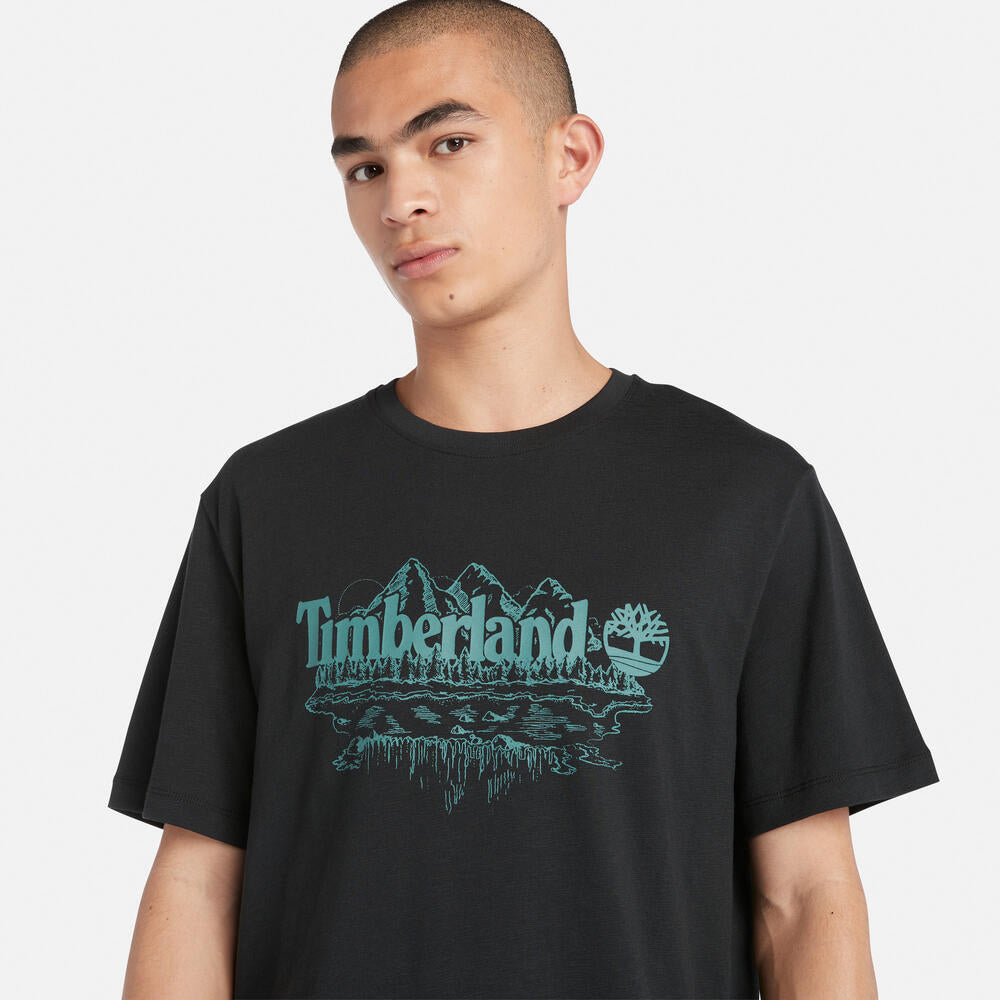 Timberland¡ Front Graphic T-Shirt for Men in Black. Black t-shirt with a bold front graphic design