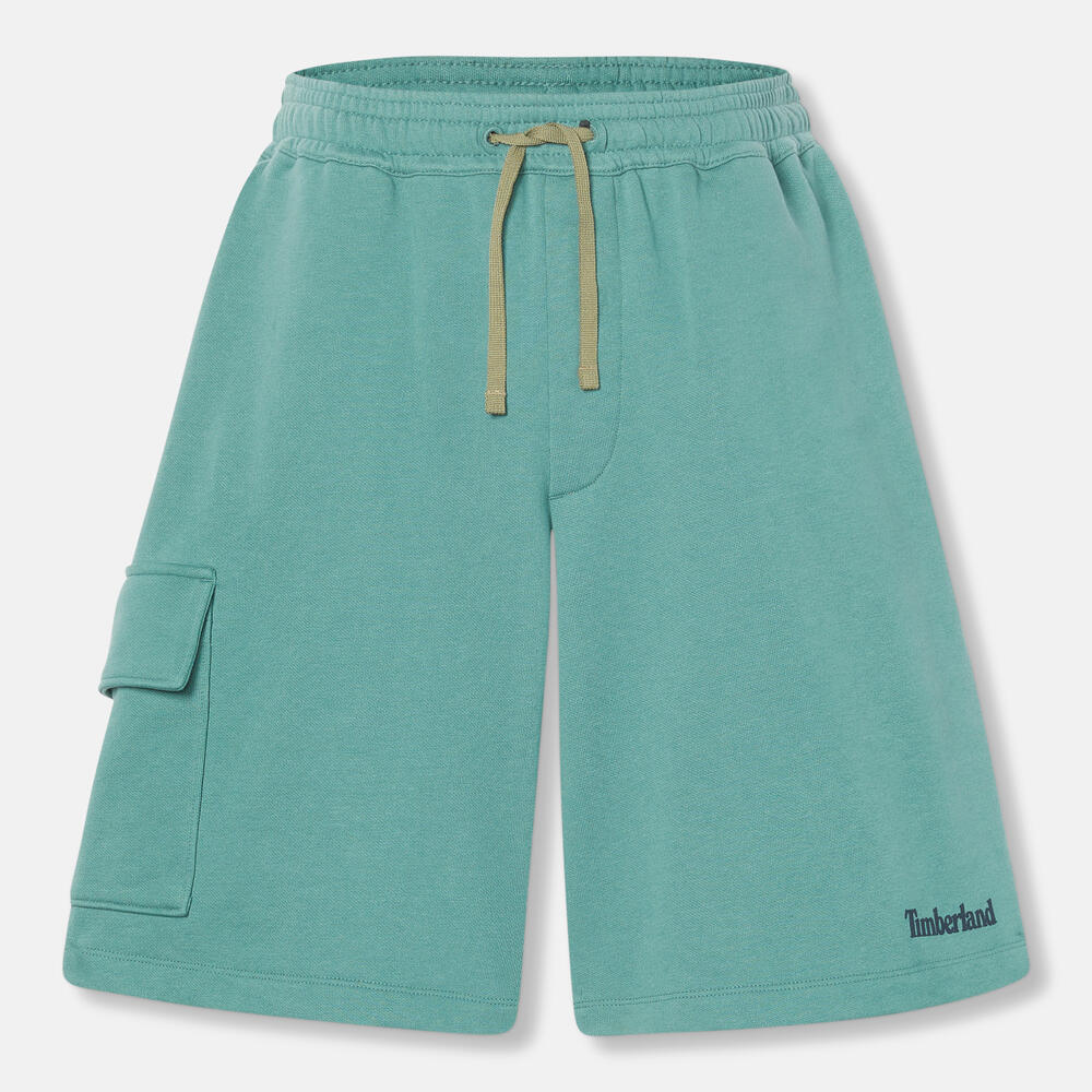 Timberland Northwood Logo Cargo Brushback Sweatshort. Men's cargo shorts with a brushback interior for warmth. Features cargo pockets and a relaxed fit. Ideal for casual wear and outdoor activities.