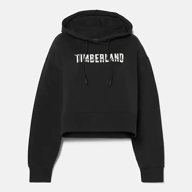 Black Timberland Brushed Back Logo Hoodie for Women. Soft, breathable cotton blend with brushed-back fleece for warmth. Relaxed fit, cropped silhouette (18.0" center back length). Adjustable hood for warmth and coverage. Ribbed cuffs and hem for a snug fit