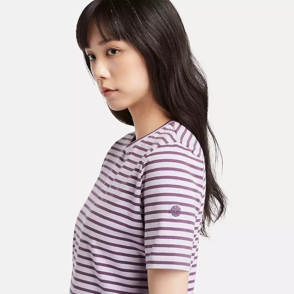 Striped Timberland Crop Short Sleeve Tee for Women. Soft, breathable cotton blend fabric. Relaxed fit for comfort. Cropped silhouette for a trendy look. Ribbed collar for a snug fit. Classic striped pattern for nautical style