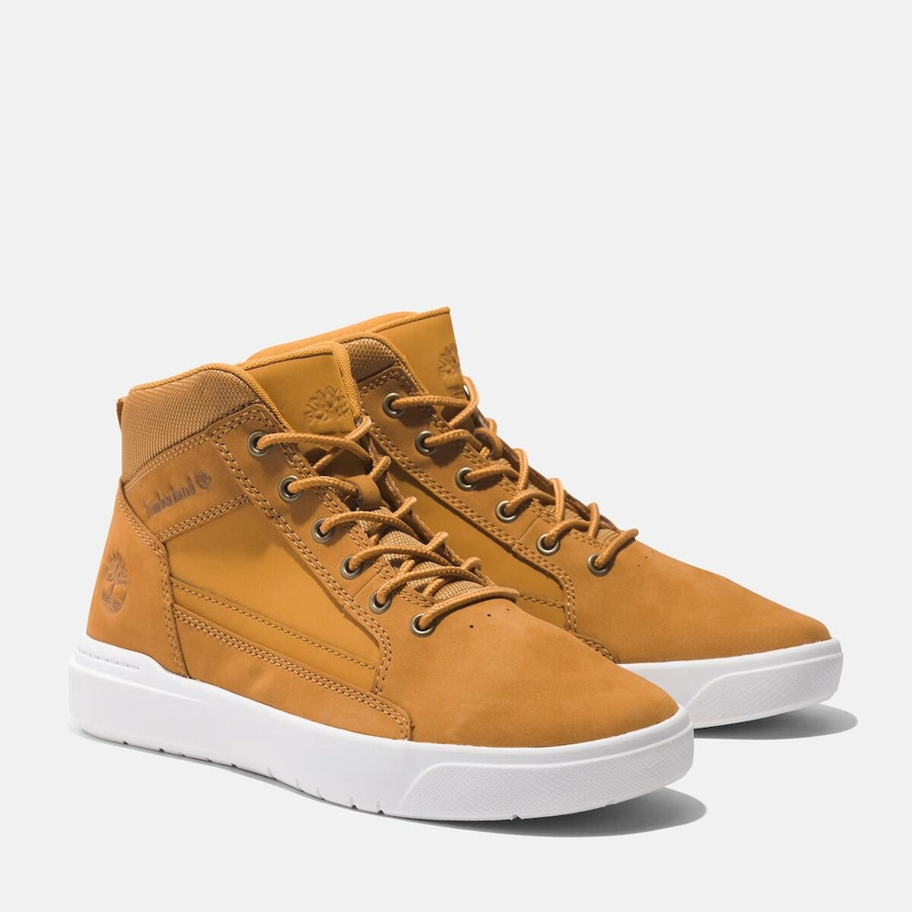 Wheat Timberland¡ Allston Mid Sneaker for Men. Leather upper for durability. Recycled lining for sustainability. Lace-up closure. Comfortable midsole. Wheat color. Versatile style.