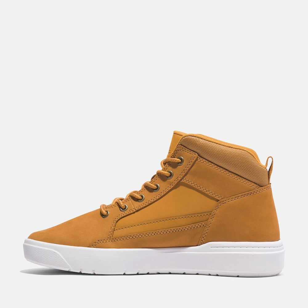 Wheat Timberland¡ Allston Mid Sneaker for Men. Leather upper for durability. Recycled lining for sustainability. Lace-up closure. Comfortable midsole. Wheat color. Versatile style.