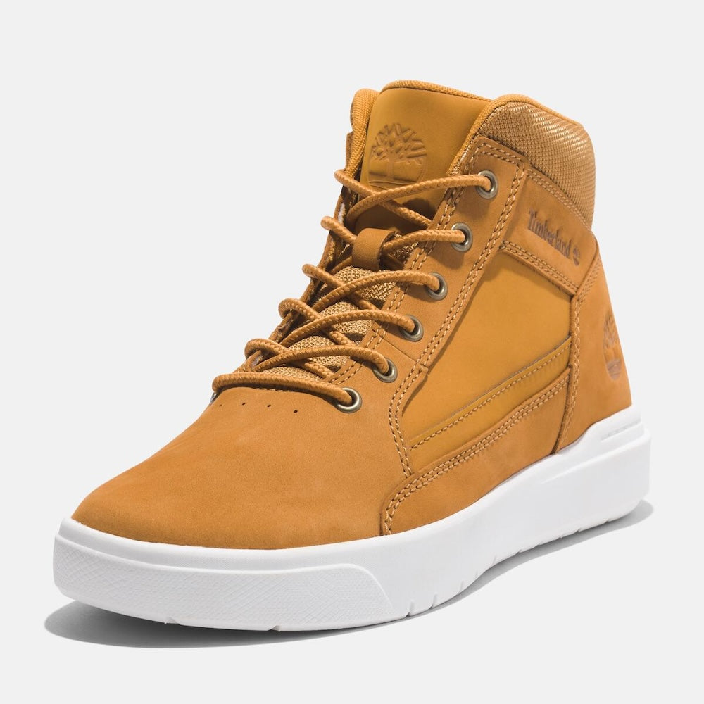 Wheat Timberland¡ Allston Mid Sneaker for Men. Leather upper for durability. Recycled lining for sustainability. Lace-up closure. Comfortable midsole. Wheat color. Versatile style.