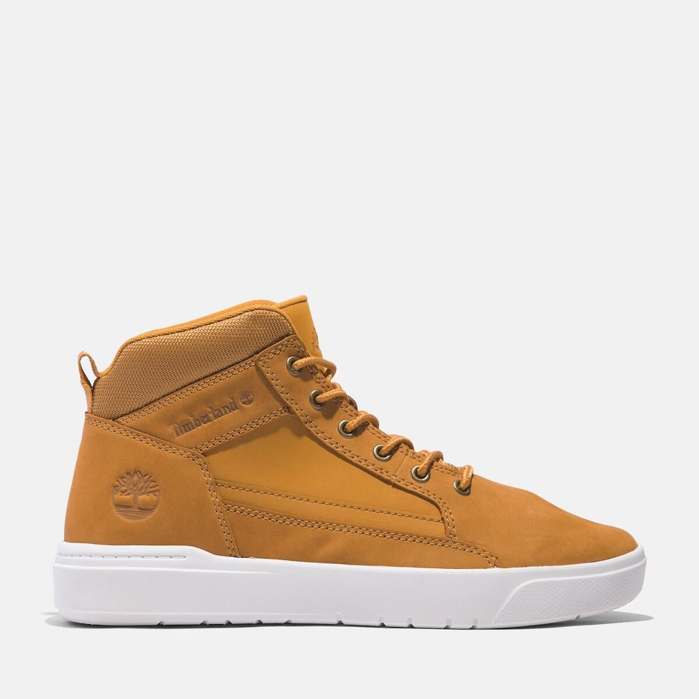 Wheat Timberland® Allston Mid Sneaker for Men. Leather upper for durability. Recycled lining for sustainability. Lace-up closure. Comfortable midsole. Wheat color. Versatile style.