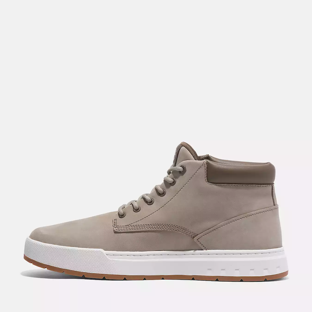 TimberlandÃƒâ€šÃ‚Â® Maple Grove Mid Lace Up Sneaker for Men. Light taupe colored nubuck sneaker with lace-up closure, padded collar for comfort, and rubber sole for traction.  Pairs well with casual outfits.