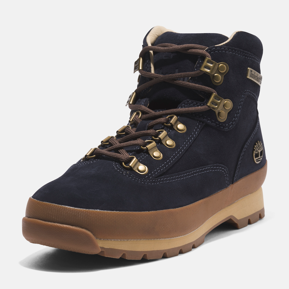 Timberland‚® C.F. SteadIndigo Suede Euro Hiker Mid Lace Up Boot for Men. Mid-cut, dark blue suede hiking boot crafted with premium leather by C.F. Stead ¢‚ Å¾¢. Features waterproof construction, supportive steel shank, lug sole for grip, and mid-ankle laces for a secure fit.