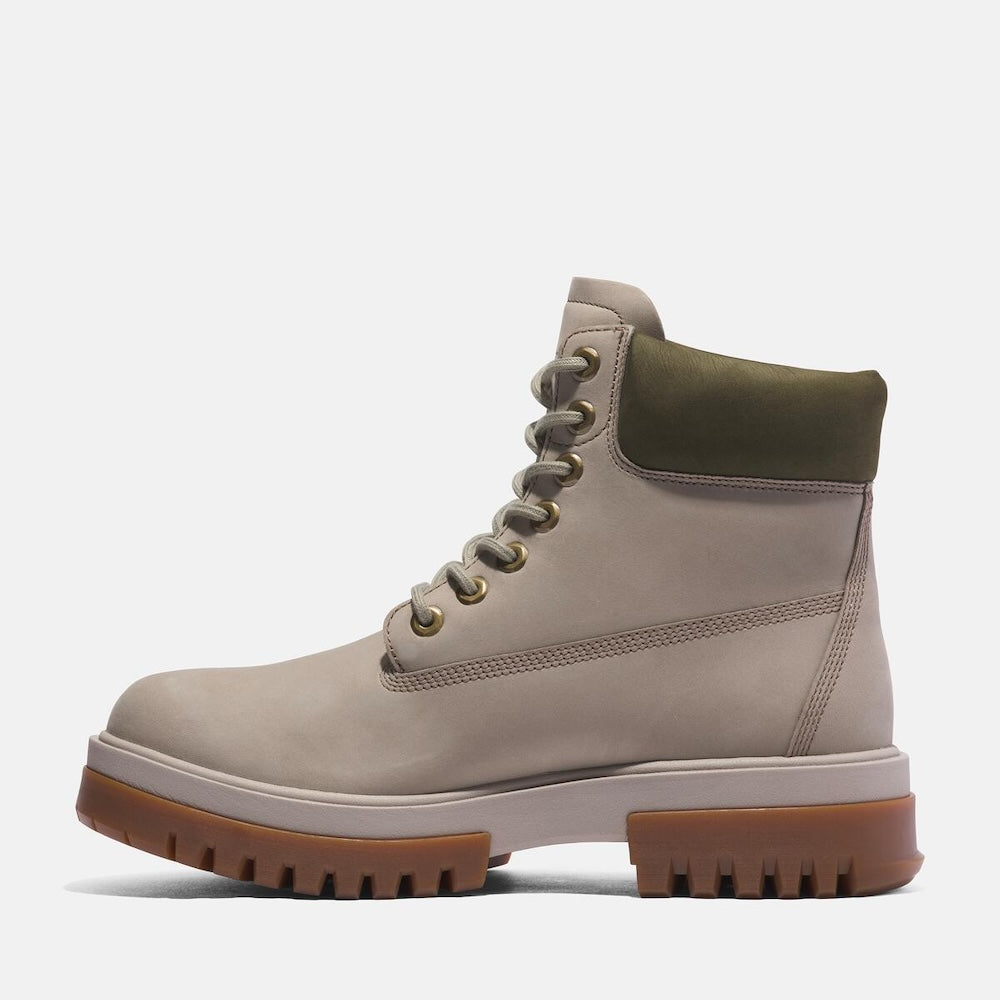 Light taupe Timberland® Arbor Road 6-Inch Waterproof Boot for Men. Premium leather upper for durability and style. Seam-sealed construction for waterproof protection. Padded collar for comfort, lace-up closure for fit. Durable outsole for traction.