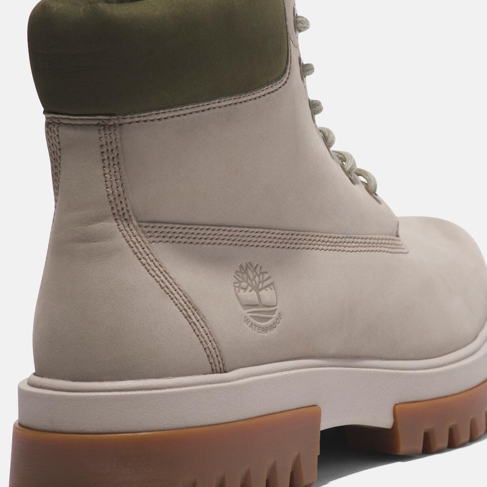 Light taupe Timberland® Arbor Road 6-Inch Waterproof Boot for Men. Premium leather upper for durability and style. Seam-sealed construction for waterproof protection. Padded collar for comfort, lace-up closure for fit. Durable outsole for traction.