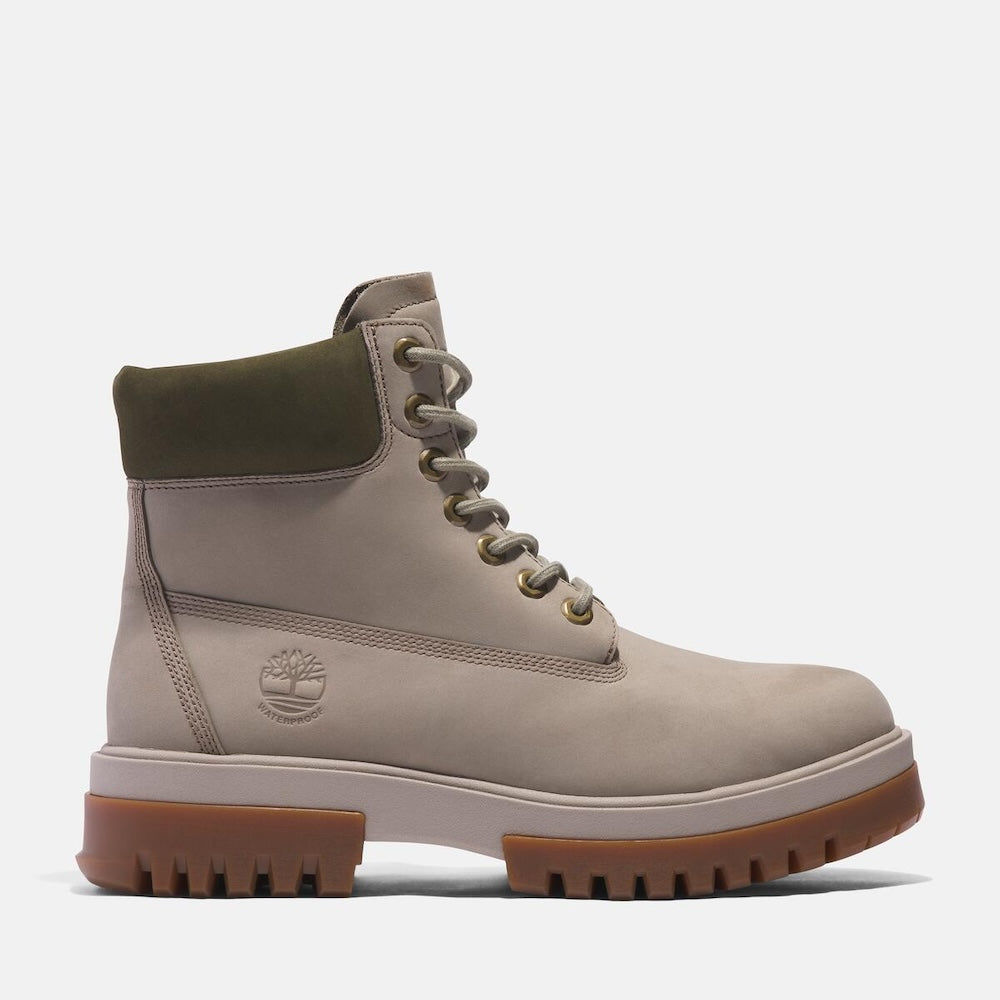 Light taupe Timberland® Arbor Road 6-Inch Waterproof Boot for Men. Premium leather upper for durability and style. Seam-sealed construction for waterproof protection. Padded collar for comfort, lace-up closure for fit. Durable outsole for traction.