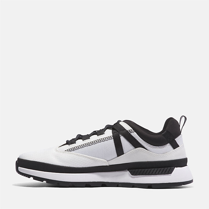 White Timberland Euro Trekker Lace-Up Low Trainer for Men. Upper made with ReBOTL fabric containing recycled plastic for sustainability and breathability. Lightweight OrthoLite footbed for cushioning. Cushioned midsole for shock absorption and energy return. Lace-up closure for secure fit. Clean white upper for versatile style. Durable rubber outsole for traction.