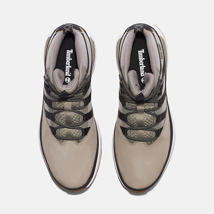 Grey Timberland Euro Trekker Lace-Up Trainer for Men. Upper with recycled materials for eco-conscious design. Breathable mesh lining for comfort. Lightweight OrthoLite footbed for cushioning. Compression-molded EVA midsole for flexibility. Lace-up closure for secure fit. 