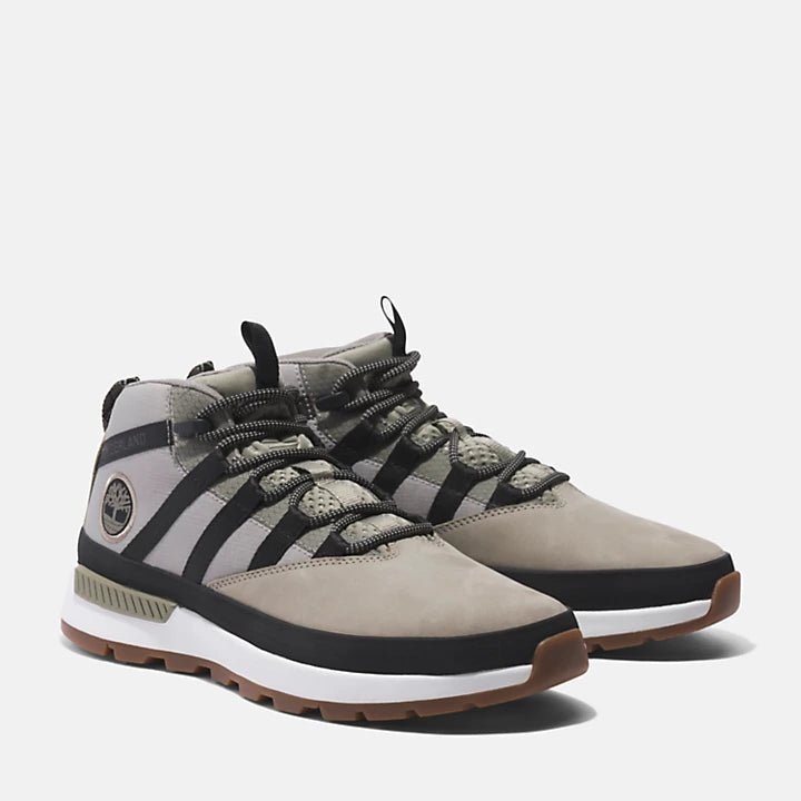 Grey Timberland Euro Trekker Lace-Up Trainer for Men. Upper with recycled materials for eco-conscious design. Breathable mesh lining for comfort. Lightweight OrthoLite footbed for cushioning. Compression-molded EVA midsole for flexibility. Lace-up closure for secure fit. 