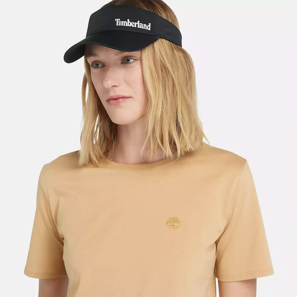 Timberland Dunstan Short Sleeve Tee for Women. Light beige t-shirt with a relaxed fit, crewneck, and soft fabric. Versatile for casual wear.