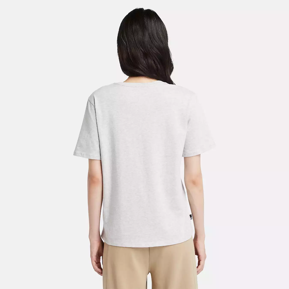 Light grey Timberland® Dunstan Short Sleeve Tee for Women. Crewneck t-shirt made from 100% cotton featuring a relaxed, regular fit for comfortable wear.  A ribbed collar adds structure, while a small embroidered Timberland® tree logo sits on the chest