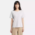 Light grey Timberland Dunstan Short Sleeve Tee for Women. Crewneck t-shirt made from 100% cotton featuring a relaxed, regular fit for comfortable wear.  A ribbed collar adds structure, while a small embroidered Timberland tree logo sits on the chest