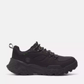 TimberlandÃ‚Â¡ Motion Scramble Waterproof Hiker for Men. Black hiking shoe featuring waterproof leather and fabric upper, lace-up closure for a secure fit, TimberDrywaterproof membrane for dry feet, TimberCushcomfort system for support, and GreenStridesoles made with recycled materials for eco-conscious traction.