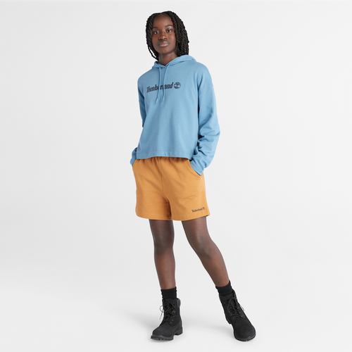 Linear Logo Relaxed Fit Cropped Hoodie For Women In Medium Blue