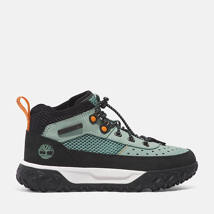 Light green Timberland® GreenStride™ Motion 6 Super Oxford for Youth. Upper with recycled materials for eco-conscious design. Defender Repellent Systems® for stain resistance. GreenStride™ soles for cushioning and sustainability. Lightweight construction for easy movement.