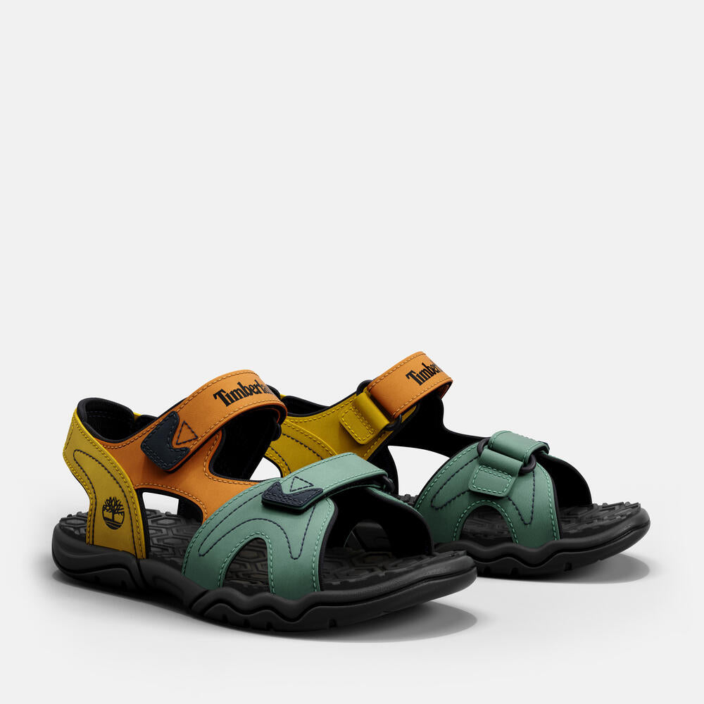  Timberland® Adventure Seeker Two-Strap Sandal for Toddler in Orange Multi. Colorful toddler sandals with two straps, designed for comfort and durability.  Perfect for outdoor adventures.