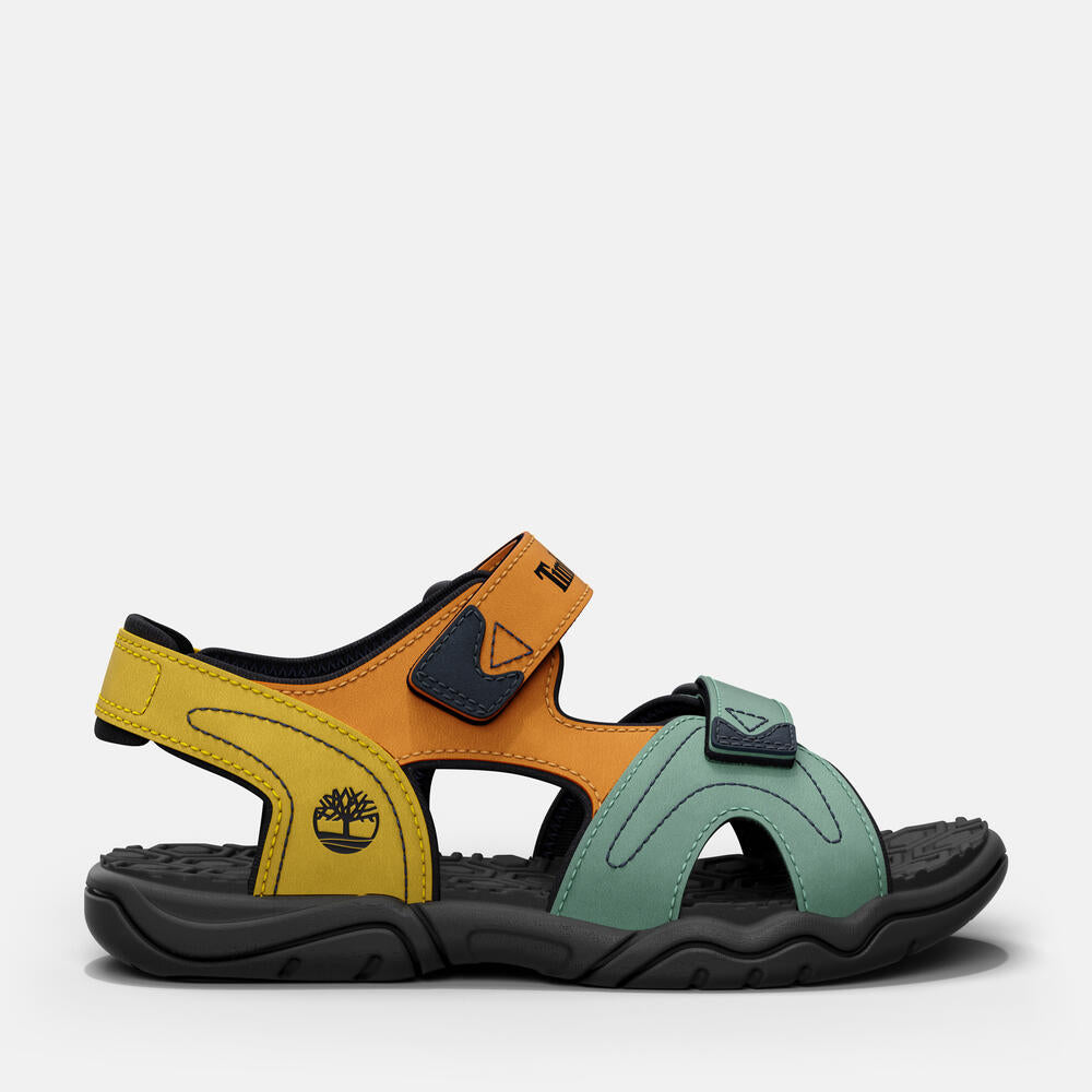  Timberland® Adventure Seeker Two-Strap Sandal for Toddler in Orange Multi. Colorful toddler sandals with two straps, designed for comfort and durability.  Perfect for outdoor adventures.