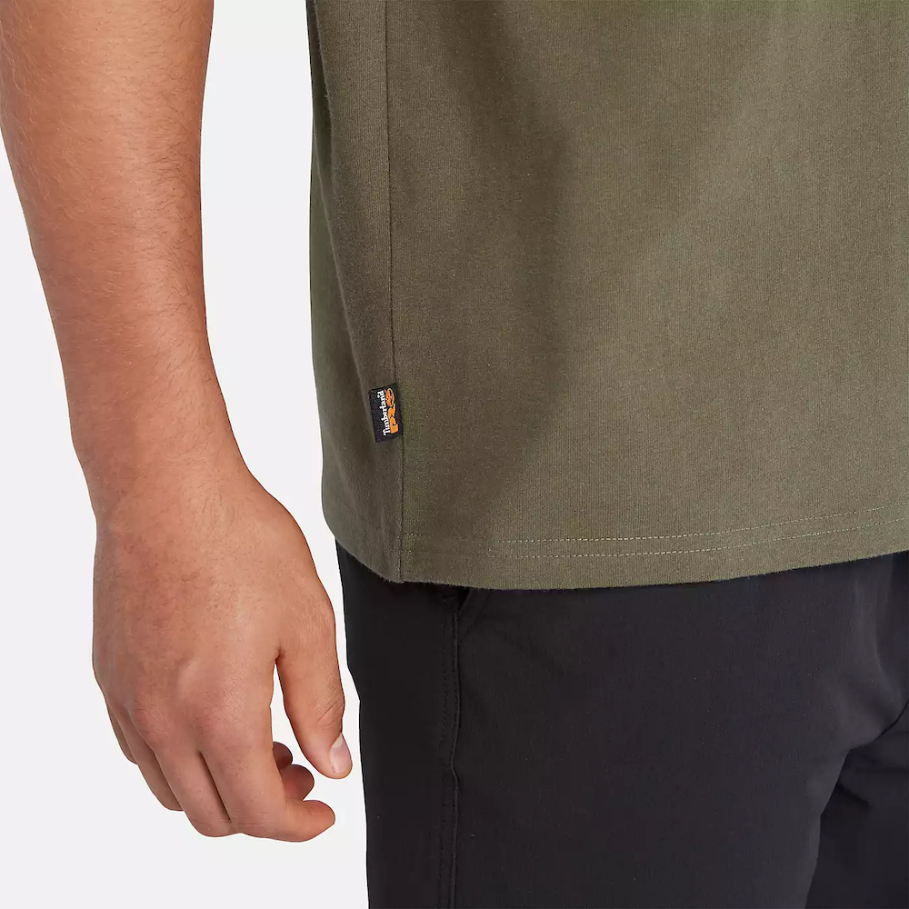 Olive Timberland PRO Core Pocket T-Shirt for Men. Cotton blend fabric for comfort and breathability. Reinforced stitching for durability. Classic crewneck silhouette. Chest pocket for utility. Machine washable.