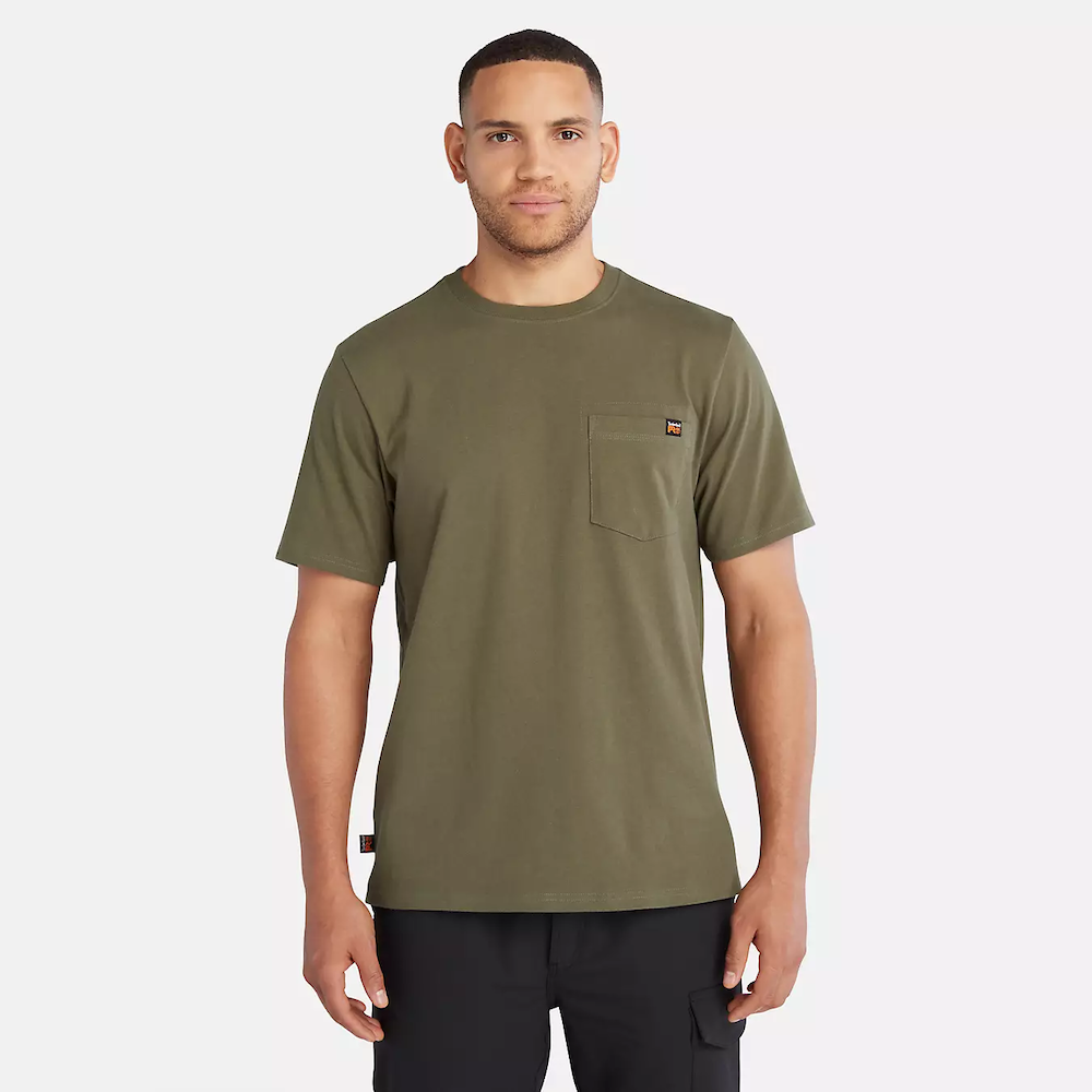 Olive Timberland® PRO Core Pocket T-Shirt for Men. Cotton blend fabric for comfort and breathability. Reinforced stitching for durability. Classic crewneck silhouette. Chest pocket for utility. Machine washable.